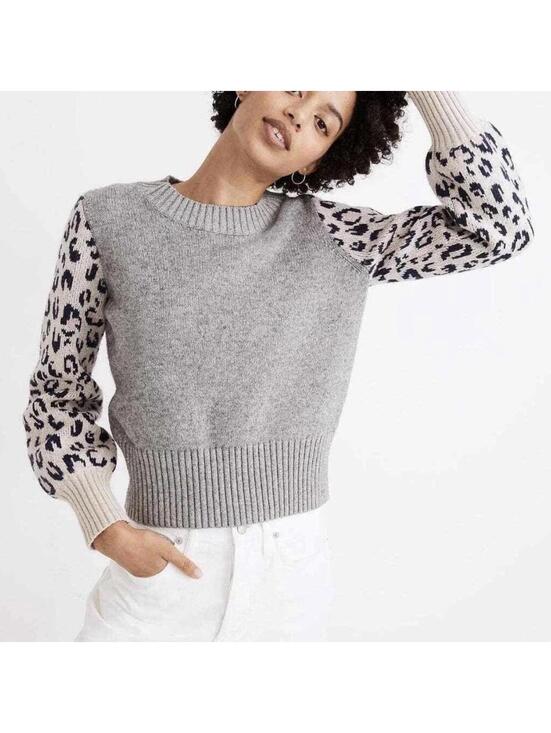Madewell Sweaters - Madewell Gray Tensley Leopard Print Balloon Sleeve Pullover Sweater- Size Small